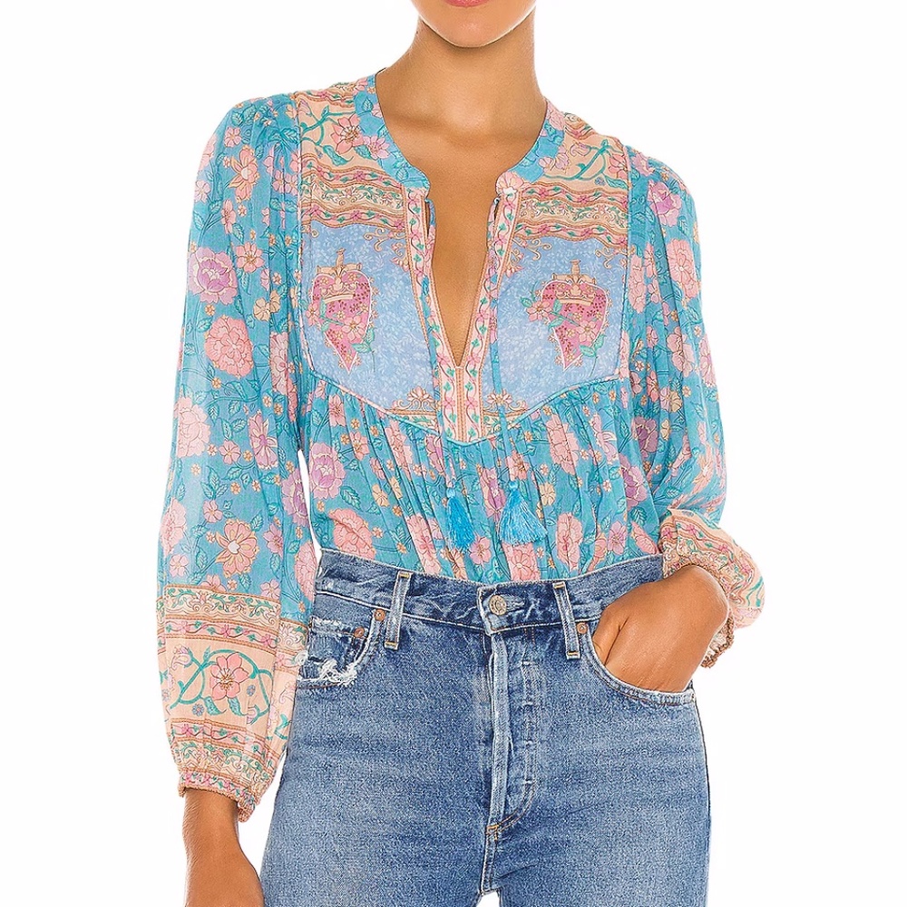 SPELL X REVOLVE Love Story Blouse in Sky Blue NWOT Size XS
